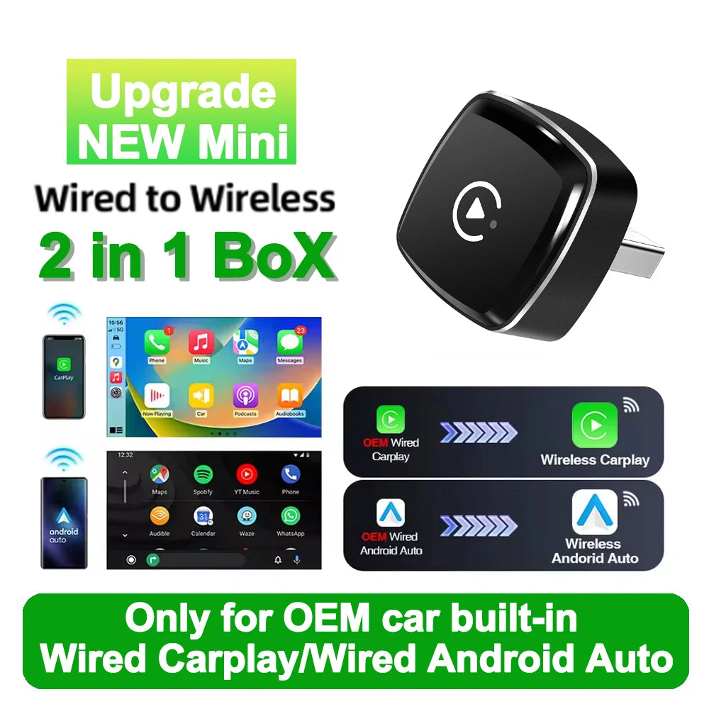 Nuevo 2 en 1 inalámbrico CarPlay AI Mini Android Auto Box Plug & Play conexión automática Compatible con 99% de coches para Radio de coche